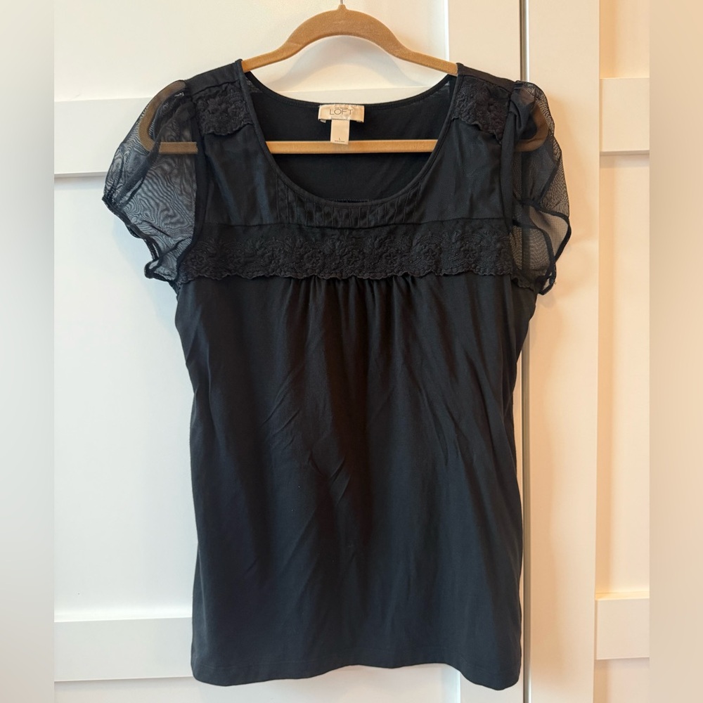 LOFT Black Sheer Sleeve Lace Top